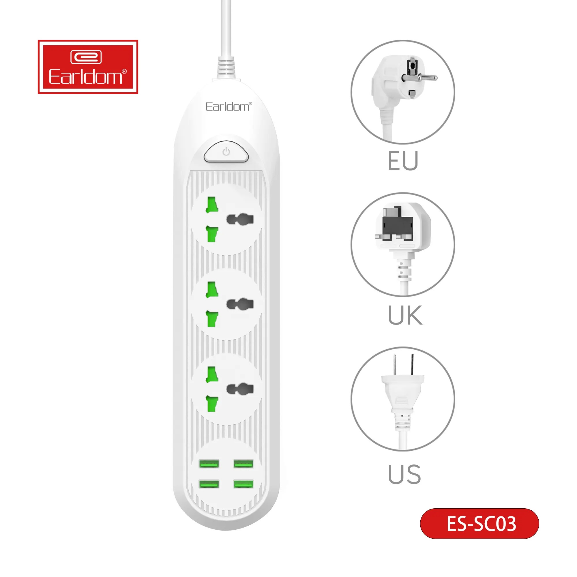Universal 2500W power strip with UK, EU & US plug types. Includes USB & USB-C ports, surge protection & multi-outlet support for home, office, travel