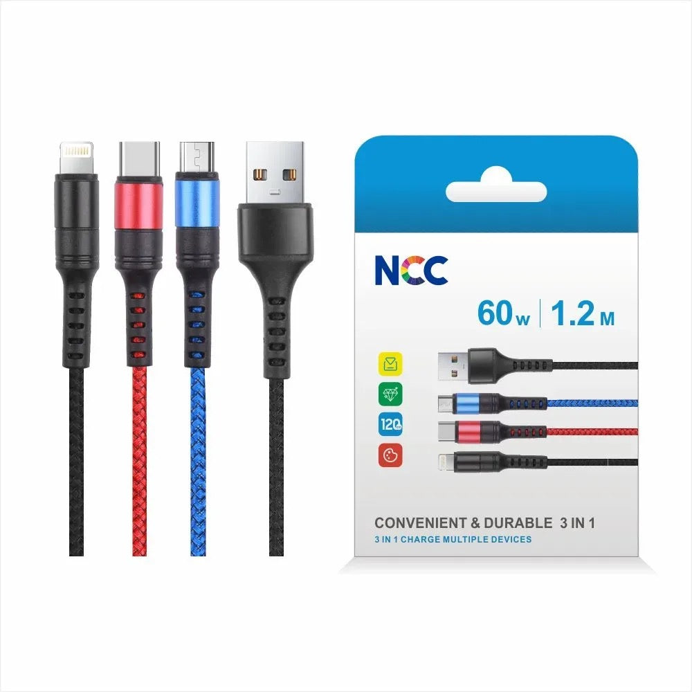 NCC 3-in-1 Charging Data Cable – USB to 8-Pin, USB-C, Micro USB, Fast Charging