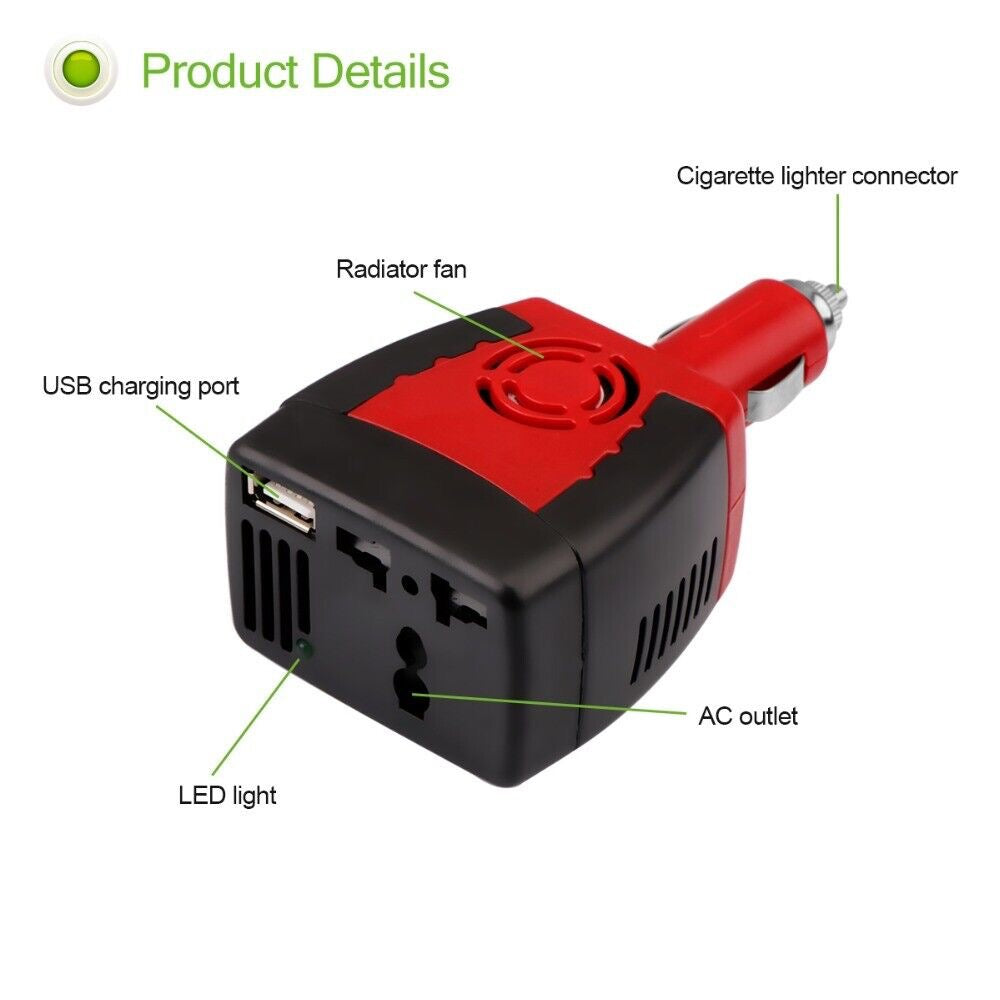 150W Car Power Inverter – 12V DC to 110V/220V AC + USB Output