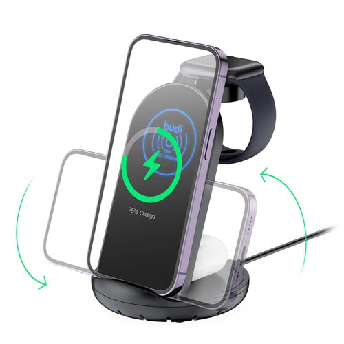 3-in-1 Rotating Wireless Charging Stand | 15W Fast Charger for iPhone, Apple Watch & AirPods
