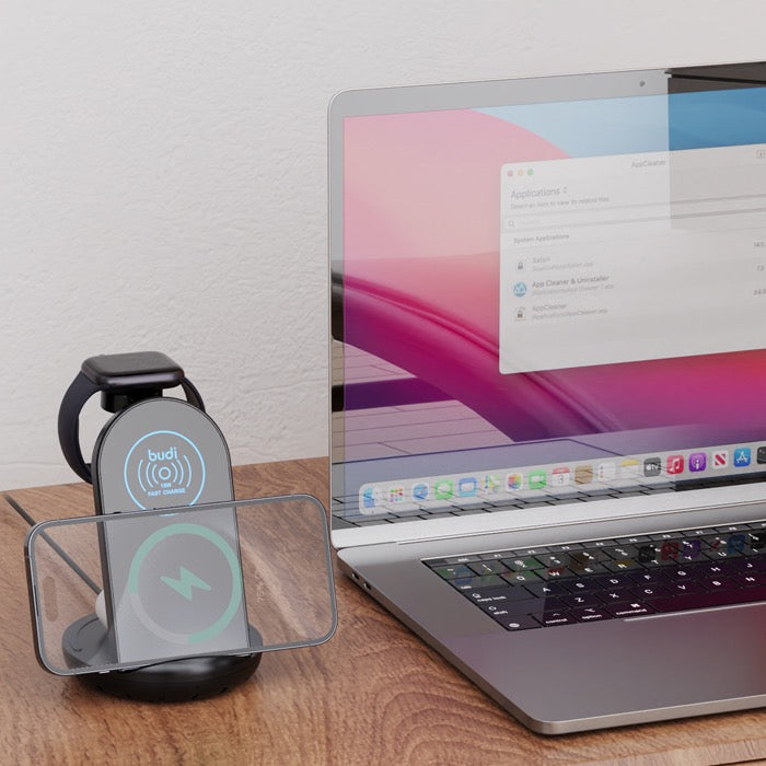 3-in-1 Rotating Wireless Charging Stand | 15W Fast Charger for iPhone, Apple Watch & AirPods