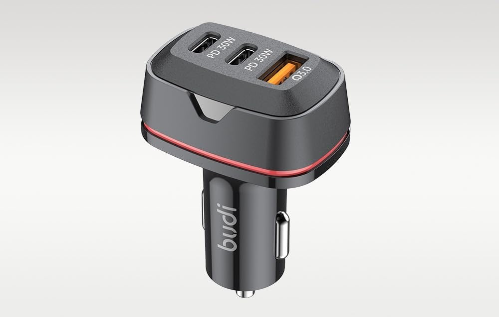 Budi 60W Car Charger | Dual USB-C PD 30W + QC 3.0 Fast Charging Adapter for Phone, Tablet, Laptop & Dash Cam