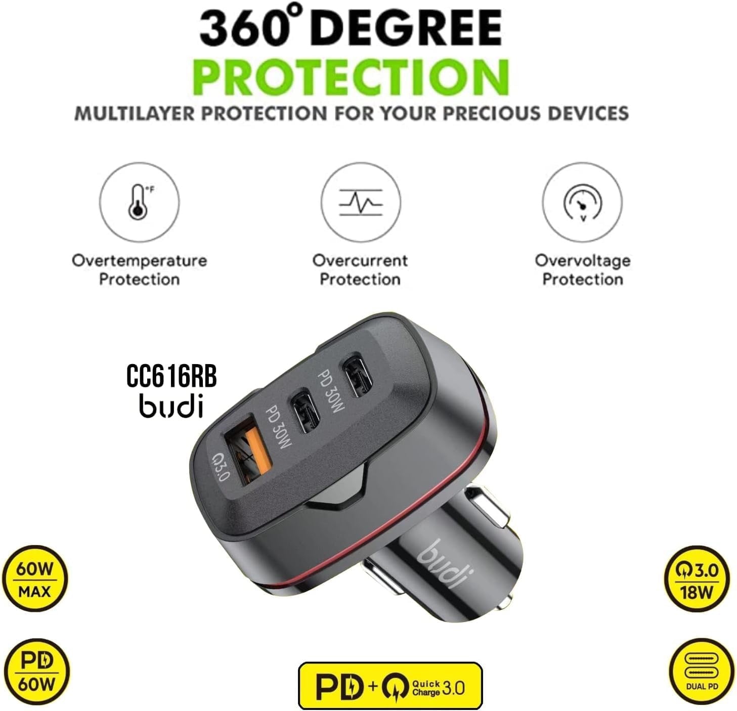 Budi 60W Car Charger | Dual USB-C PD 30W + QC 3.0 Fast Charging Adapter for Phone, Tablet, Laptop & Dash Cam