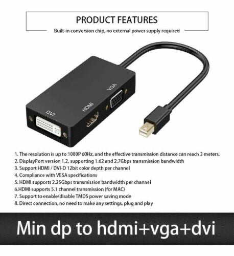 Mini DisplayPort to HDMI/VGA/DVI Adapter – 3-in-1 Multiport Converter