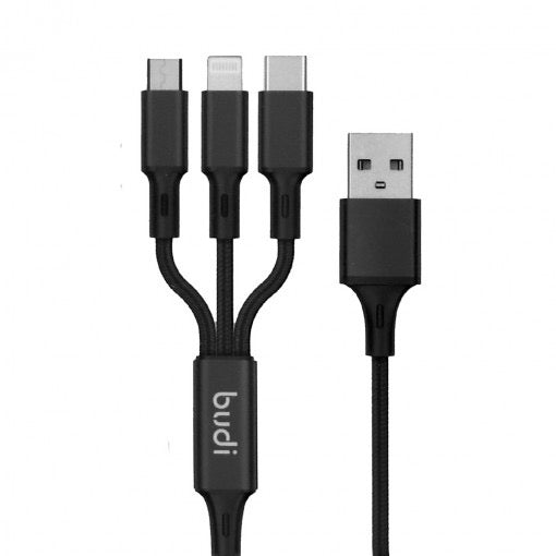 Budi Dual USB Car Charger with 3-in-1 Cable | 12W Fast Charging Adapter for iPhone, Android & USB-C Devices