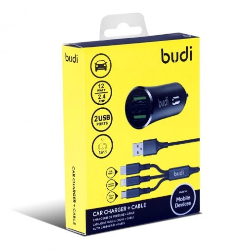 Budi Dual USB Car Charger with 3-in-1 Cable | 12W Fast Charging Adapter for iPhone, Android & USB-C Devices