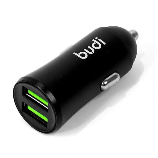 Budi Dual USB Car Charger with 3-in-1 Cable | 12W Fast Charging Adapter for iPhone, Android & USB-C Devices