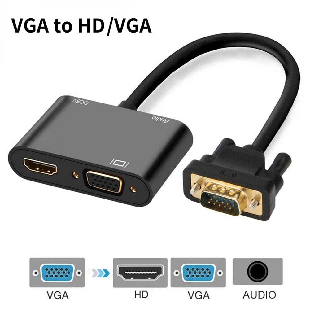 VGA to HDTV + VGA Adapter with Audio – Dual Output Converter