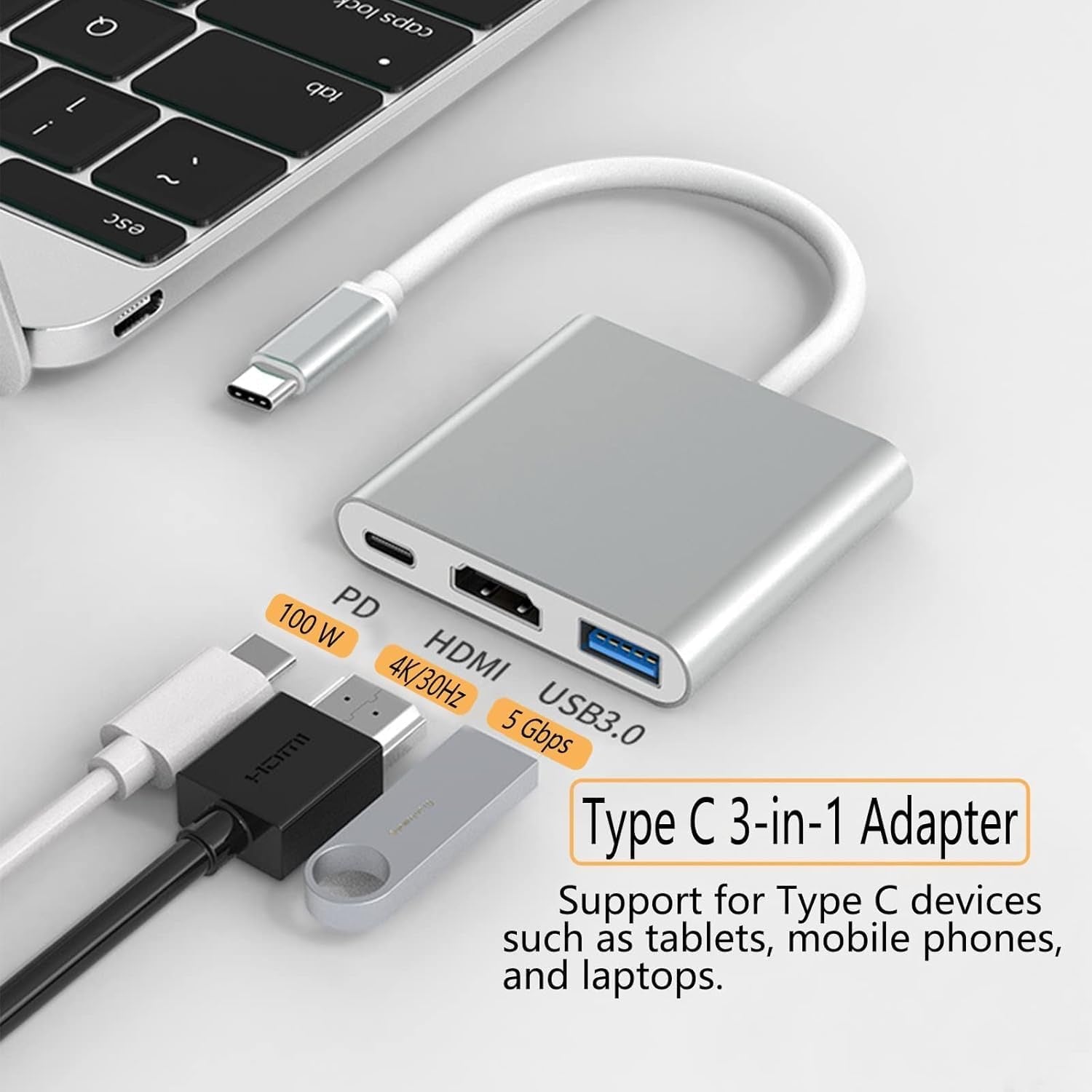 Type-C to HDTV + USB 3.0 + PD Charging Adapter – 3-in-1 Hub for Laptops