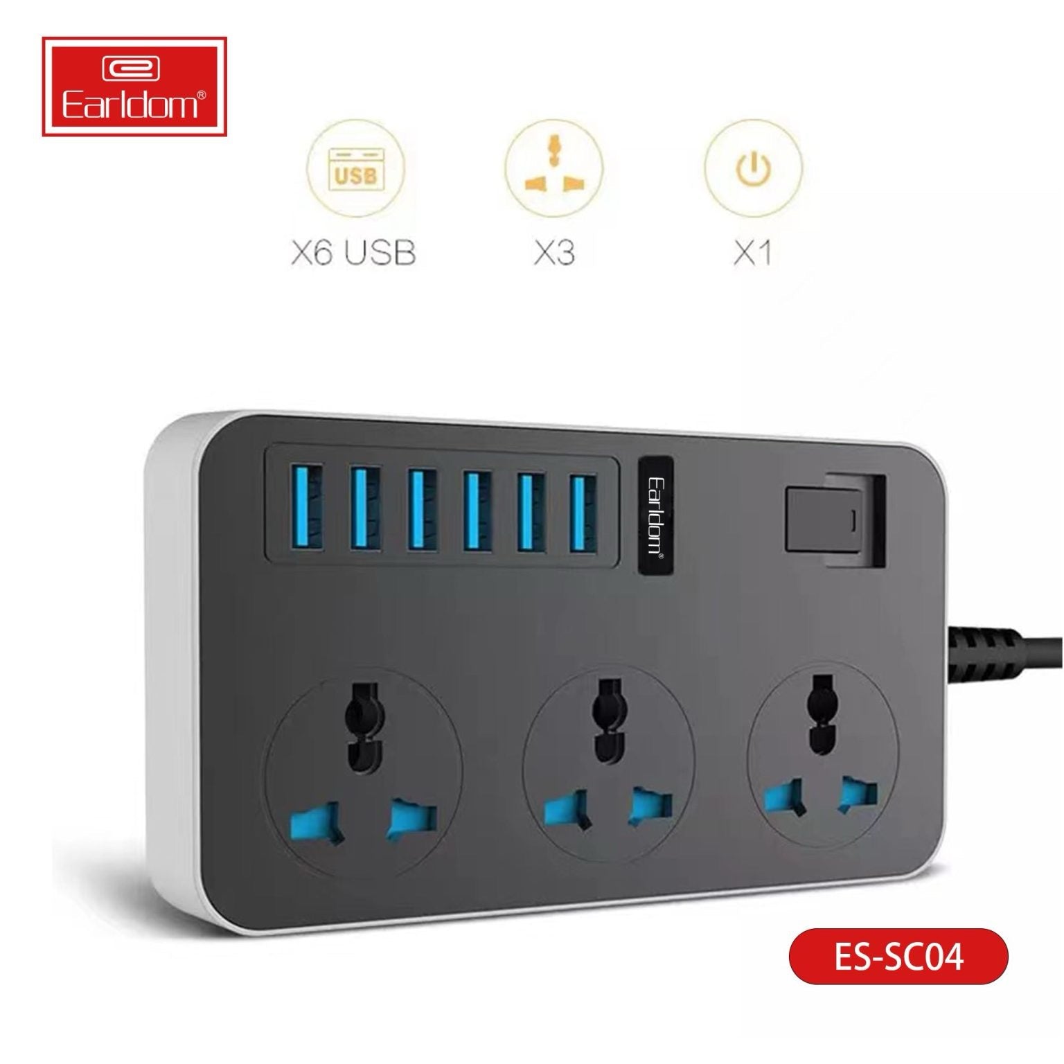 3000W Power Strip with 6 USB Ports & 3 AC Outlets – Auto-ID Smart Charging Extension