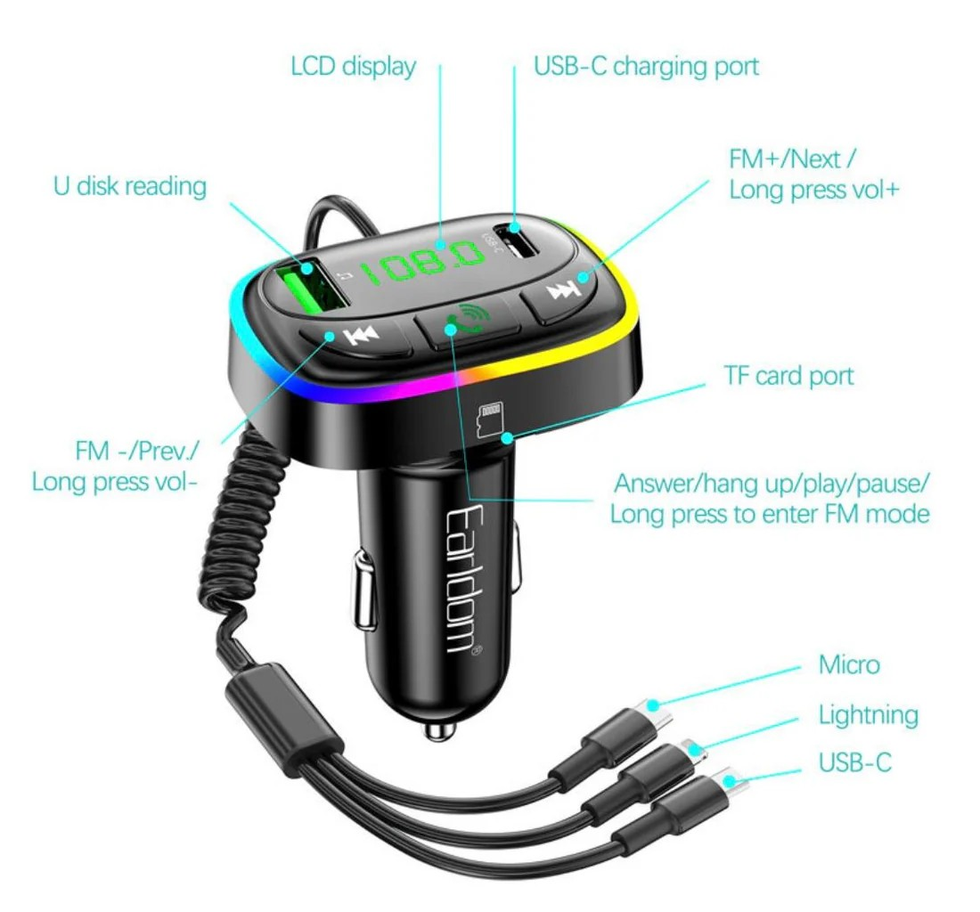 7-in-1 Wireless Car MP3 Player – Bluetooth FM Transmitter with USB-C, Lightning & Micro USB, Hands-Free Calling & Music Streaming