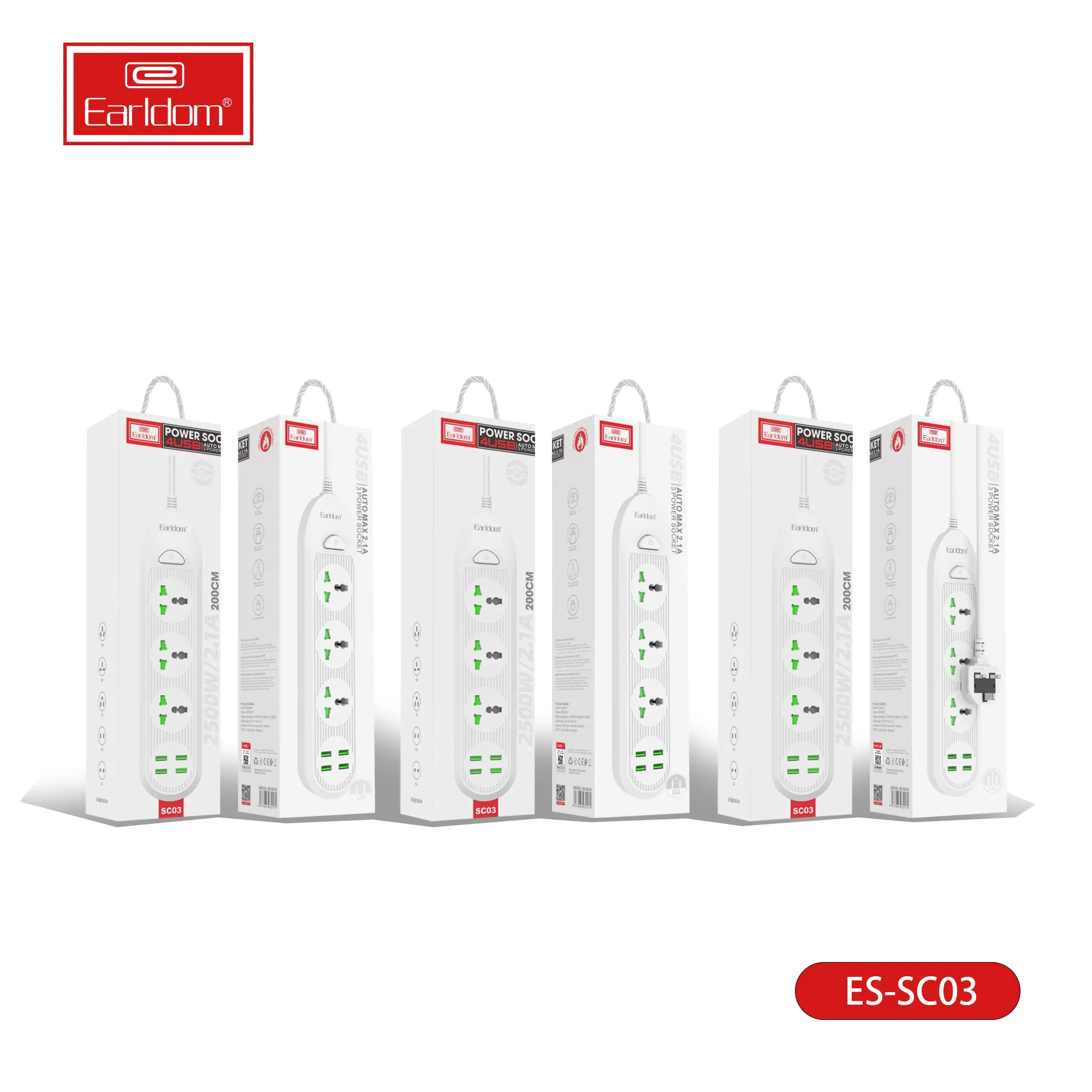 Universal 2500W power strip with UK, EU & US plug types. Includes USB & USB-C ports, surge protection & multi-outlet support for home, office, travel