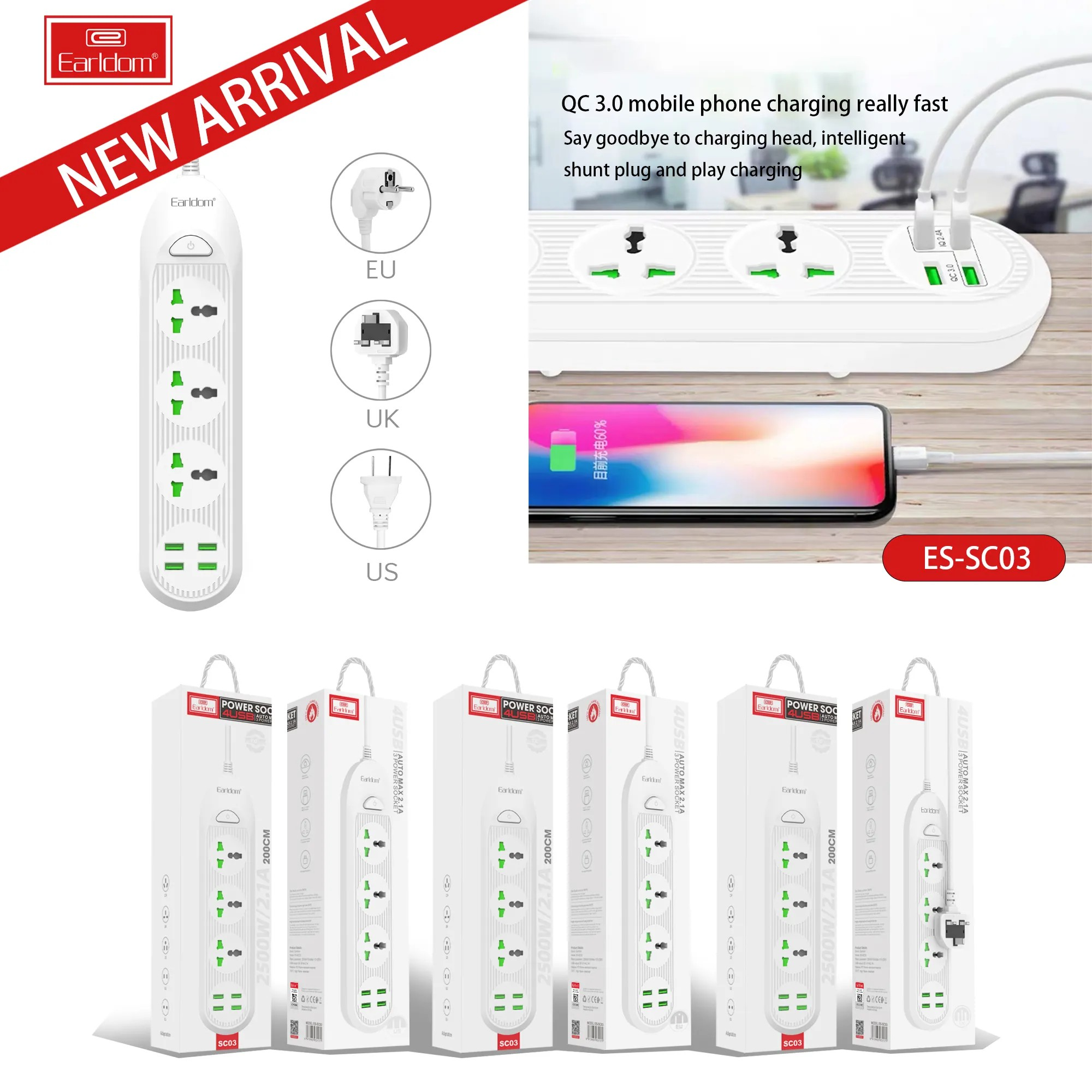 Universal 2500W power strip with UK, EU & US plug types. Includes USB & USB-C ports, surge protection & multi-outlet support for home, office, travel