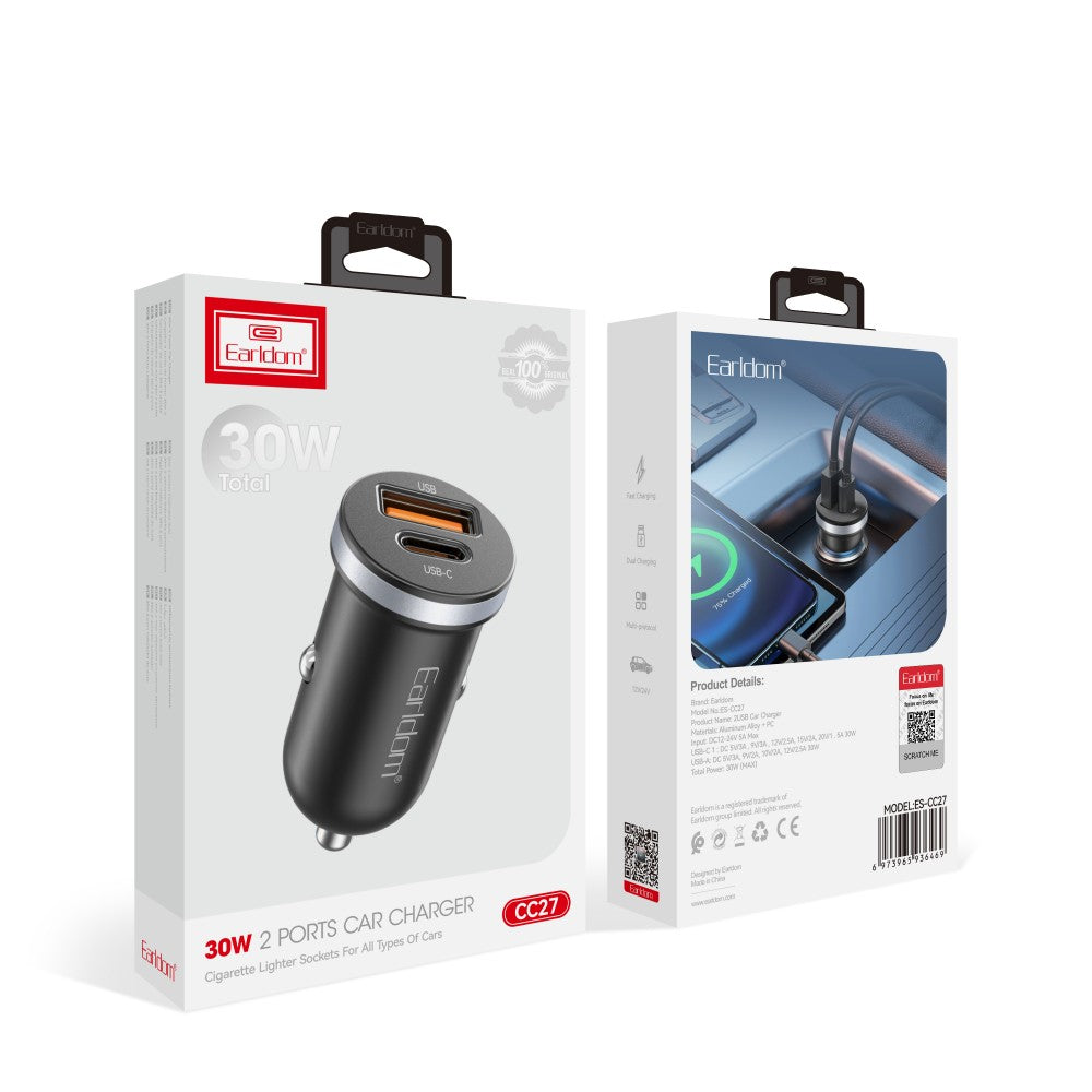 30W USB + USB-C Fast Car Charger – Dual Port Quick Charge Adapter for All Vehicles