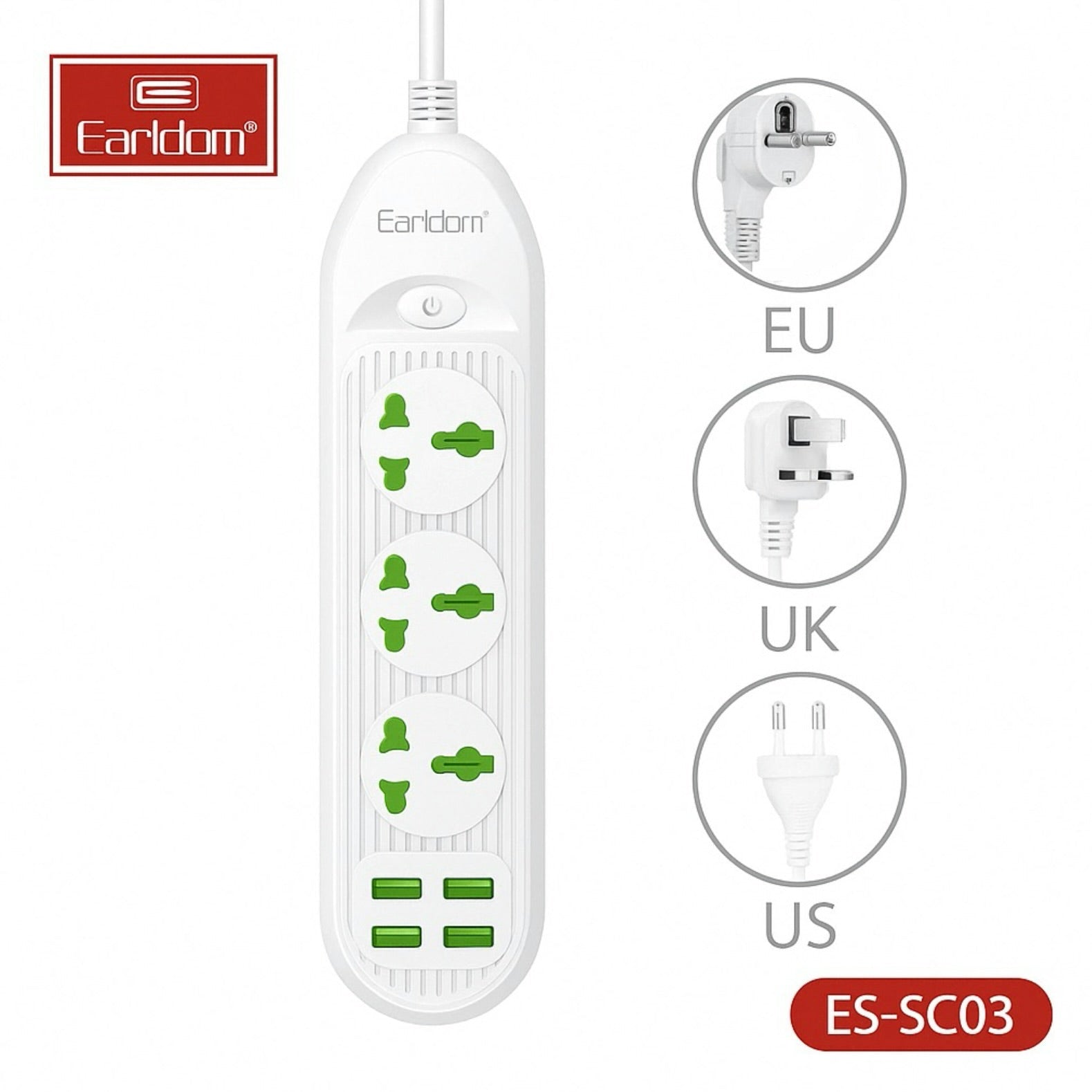 Universal 2500W power strip with UK, EU & US plug types. Includes USB & USB-C ports, surge protection & multi-outlet support for home, office, travel