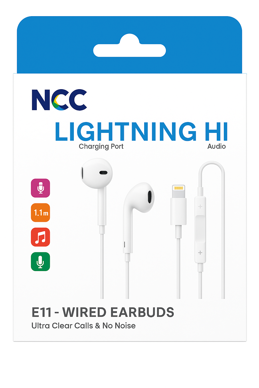 NCC Wired Earbuds (8-Pin) – 8-Pin Connector, Stereo Sound, Built-In Mic