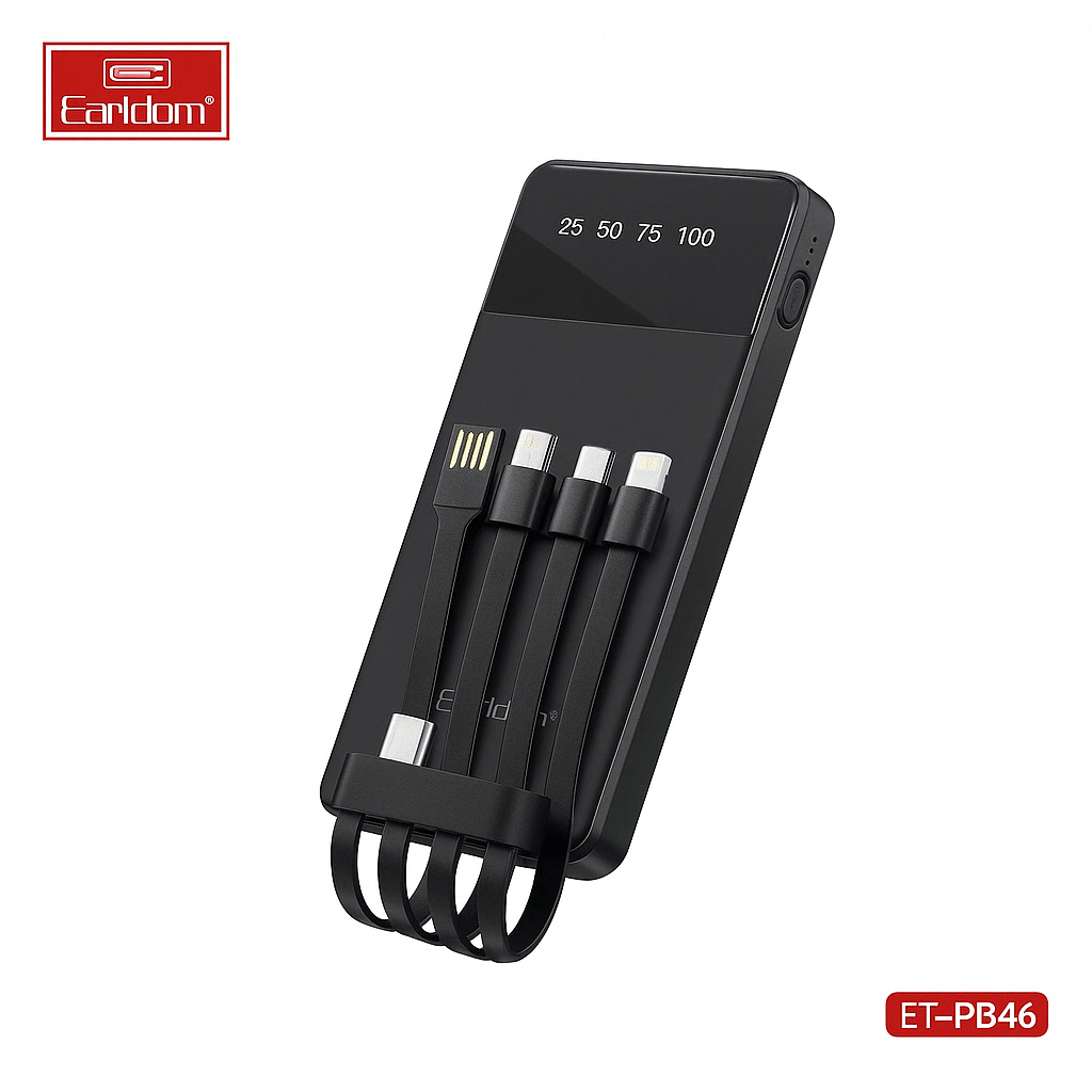 4-in-1 10000mAh Portable Power Bank – Built-in Lightning, USB-C, Micro USB Cables + Universal Adapter