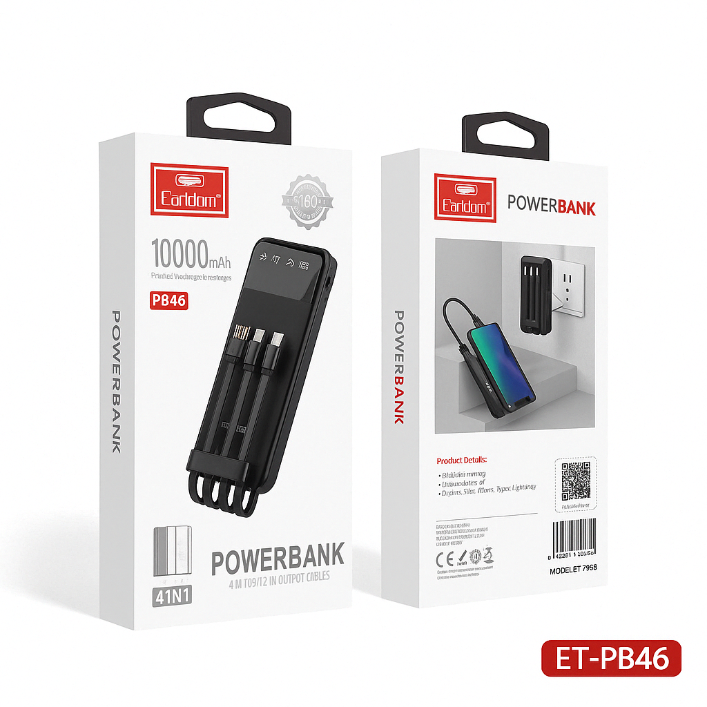 4-in-1 10000mAh Portable Power Bank – Built-in Lightning, USB-C, Micro USB Cables + Universal Adapter