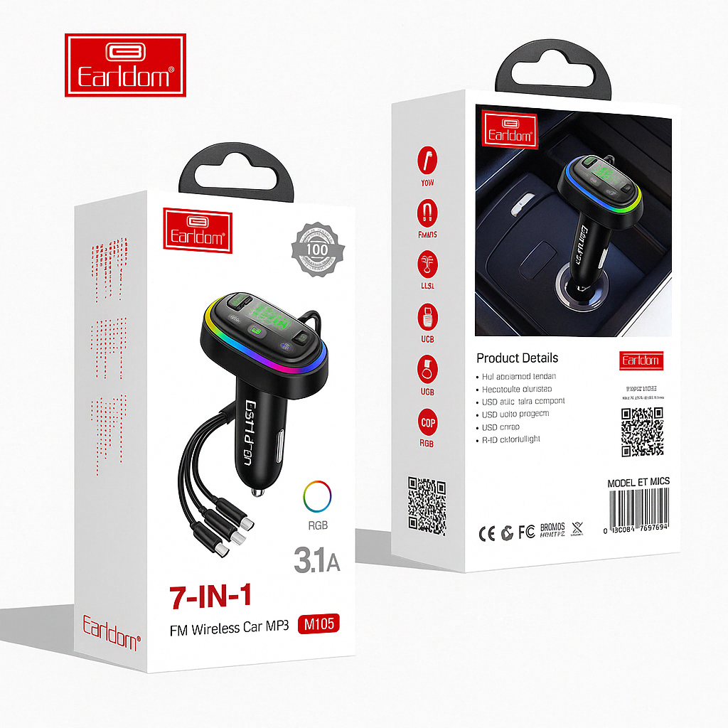 7-in-1 Wireless Car MP3 Player – Bluetooth FM Transmitter with USB-C, Lightning & Micro USB, Hands-Free Calling & Music Streaming