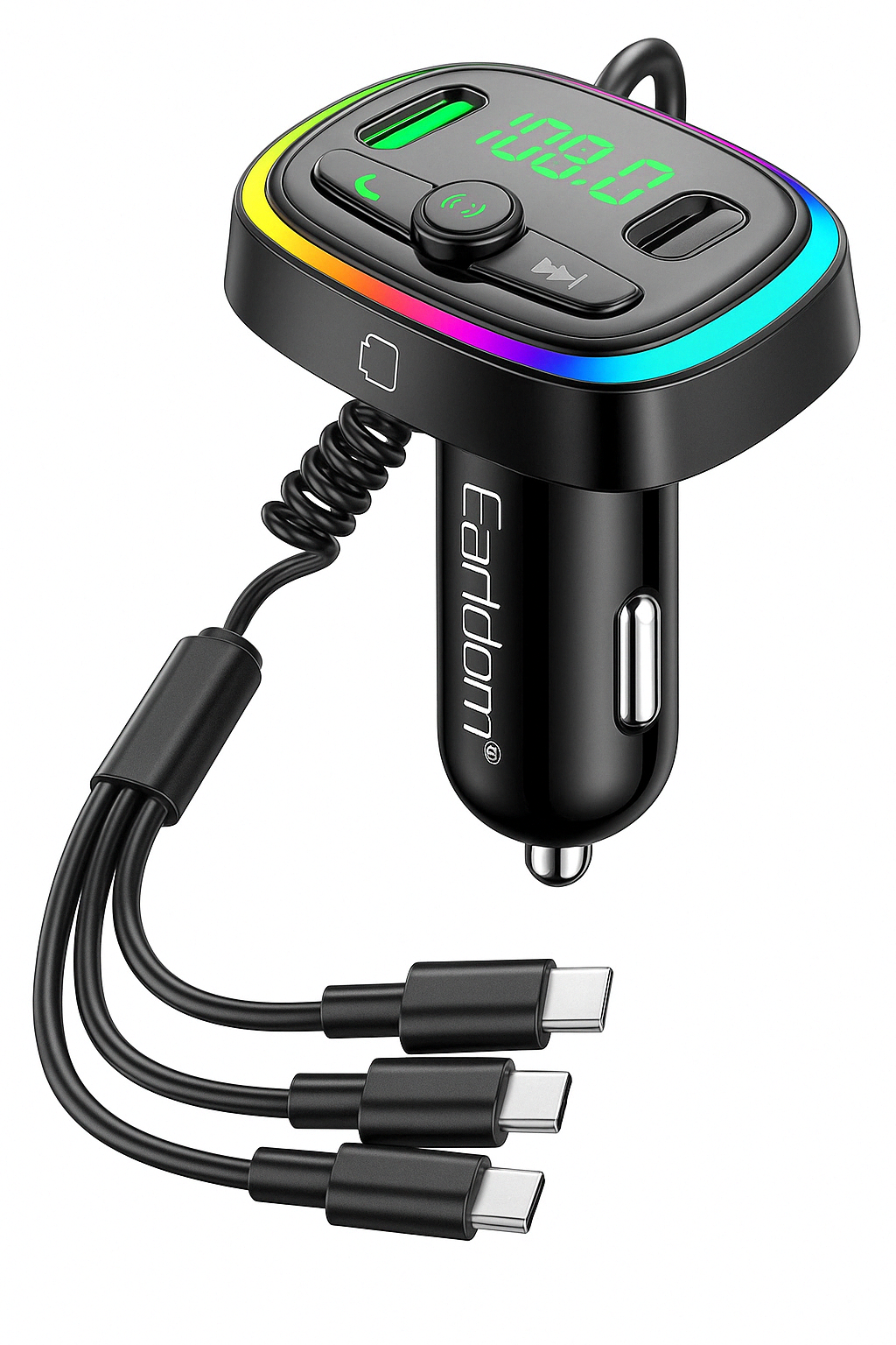 7-in-1 Wireless Car MP3 Player – Bluetooth FM Transmitter with USB-C, Lightning & Micro USB, Hands-Free Calling & Music Streaming