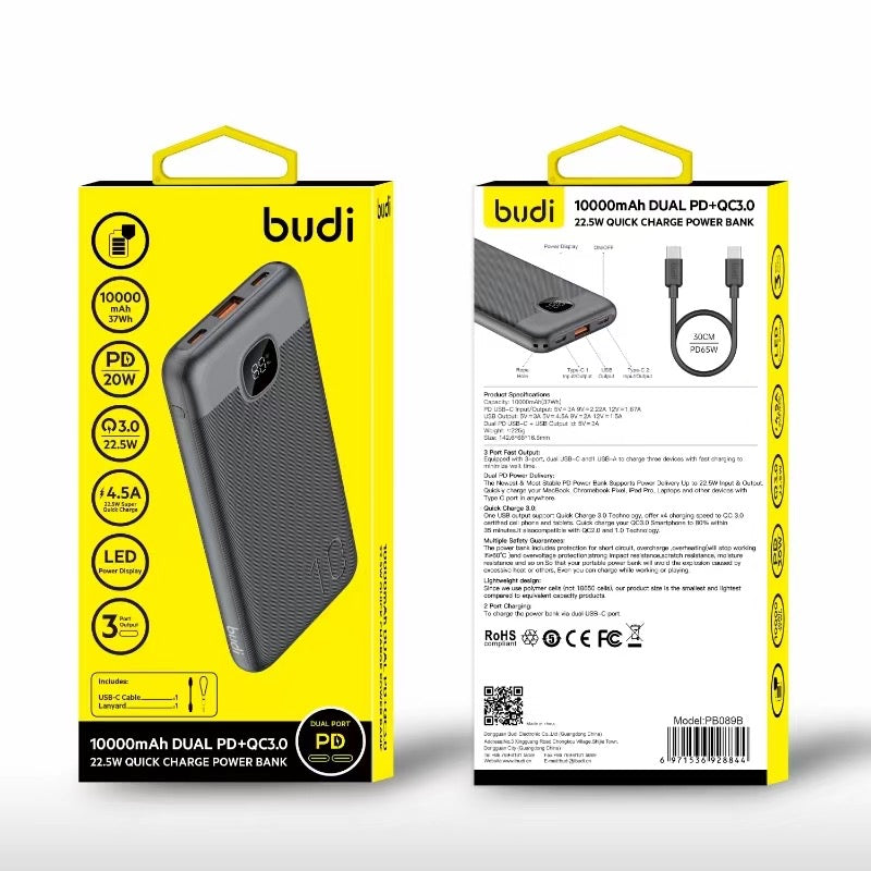10000mAh Power Bank | Dual PD + QC 3.0 | 22.5W Fast Charging with LED Display