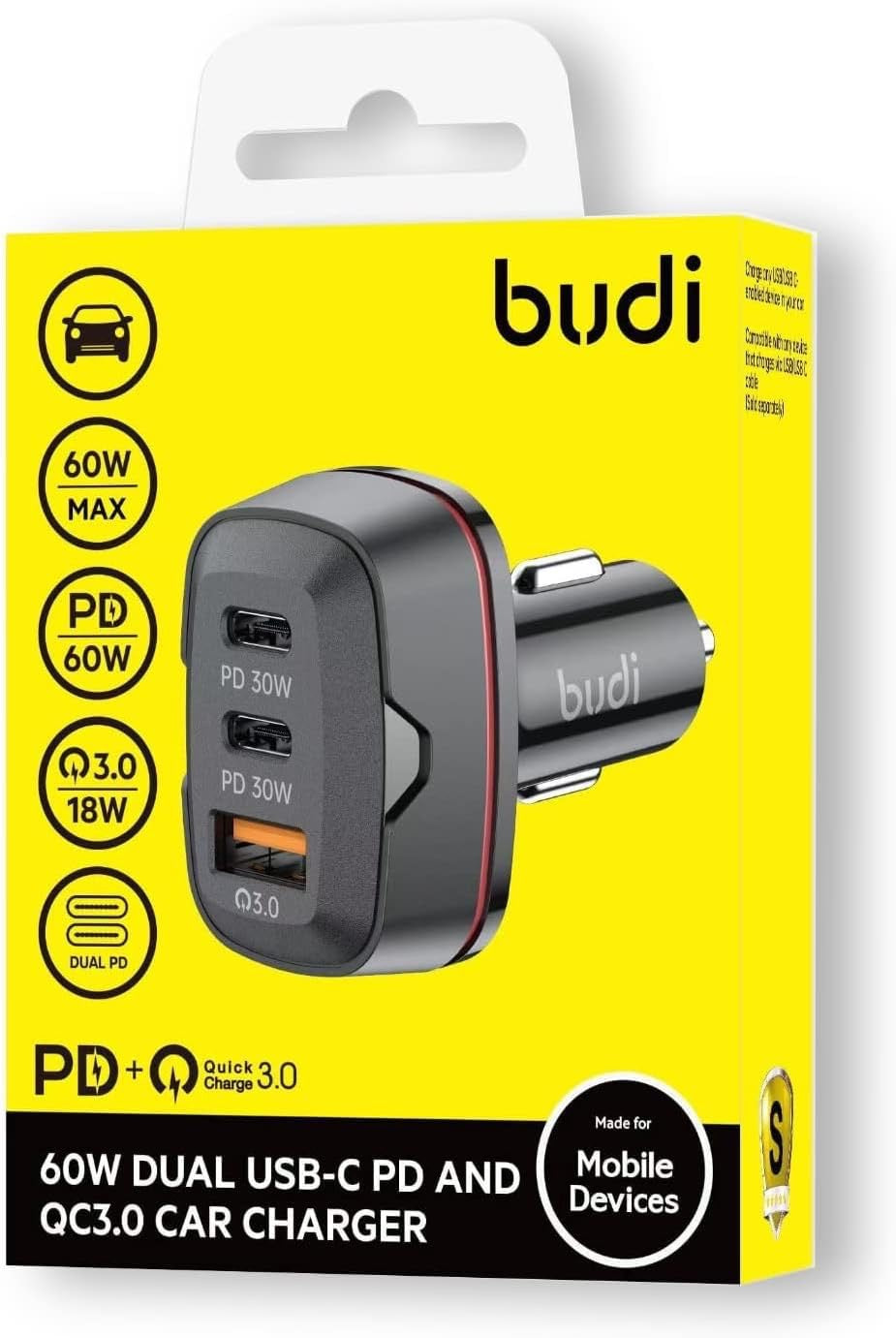 Budi 60W Car Charger | Dual USB-C PD 30W + QC 3.0 Fast Charging Adapter for Phone, Tablet, Laptop & Dash Cam