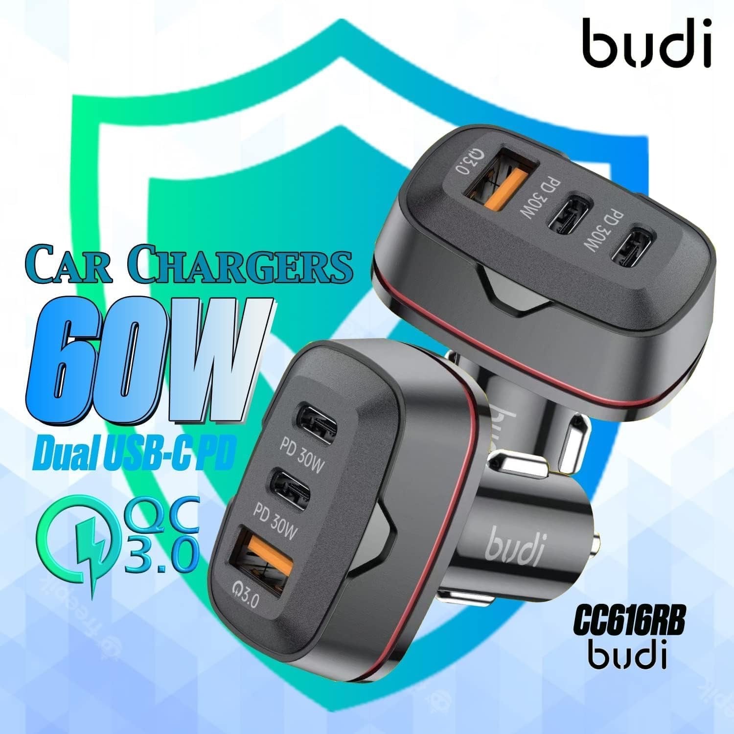 Budi 60W Car Charger | Dual USB-C PD 30W + QC 3.0 Fast Charging Adapter for Phone, Tablet, Laptop & Dash Cam