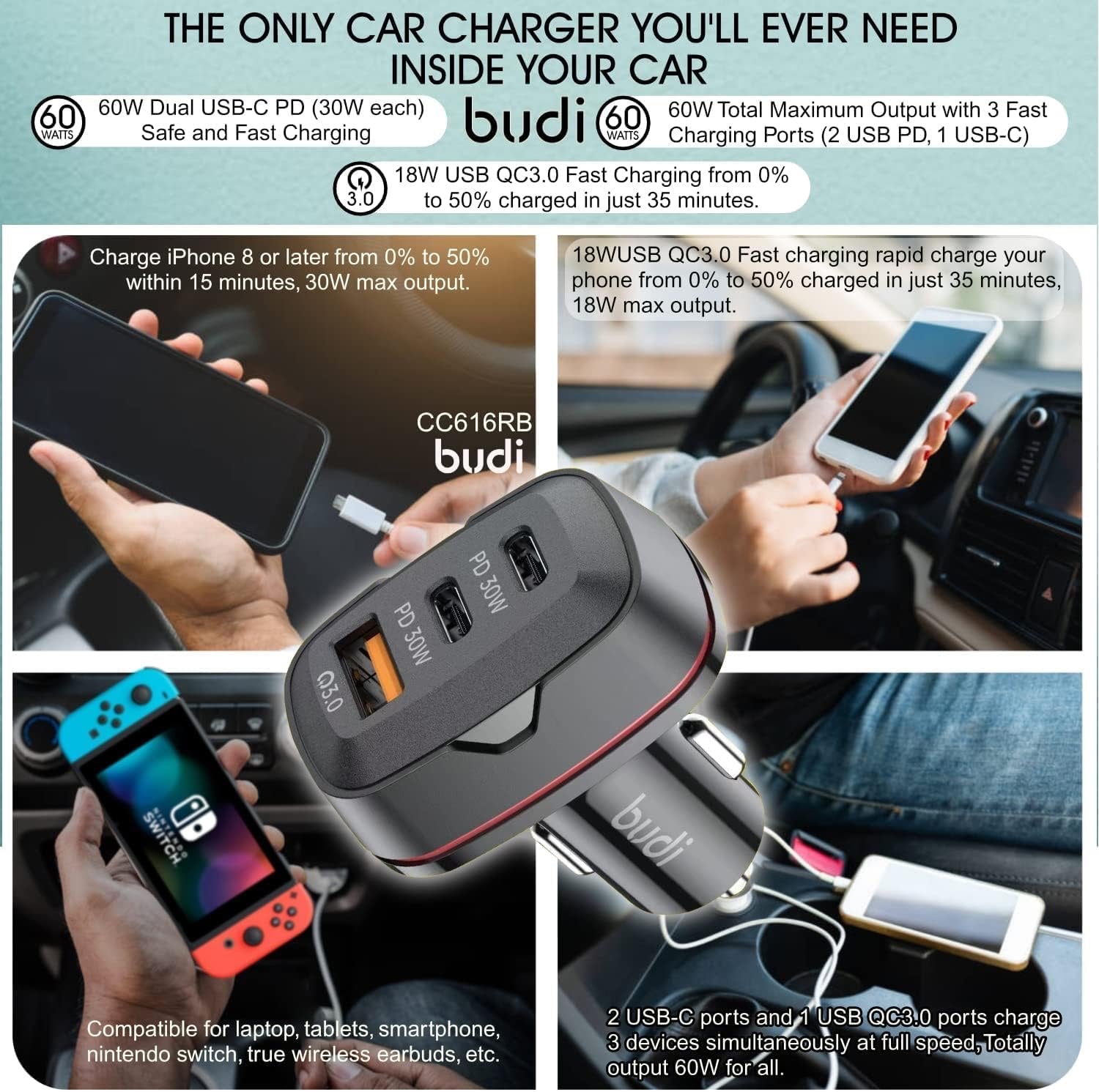 Budi 60W Car Charger | Dual USB-C PD 30W + QC 3.0 Fast Charging Adapter for Phone, Tablet, Laptop & Dash Cam