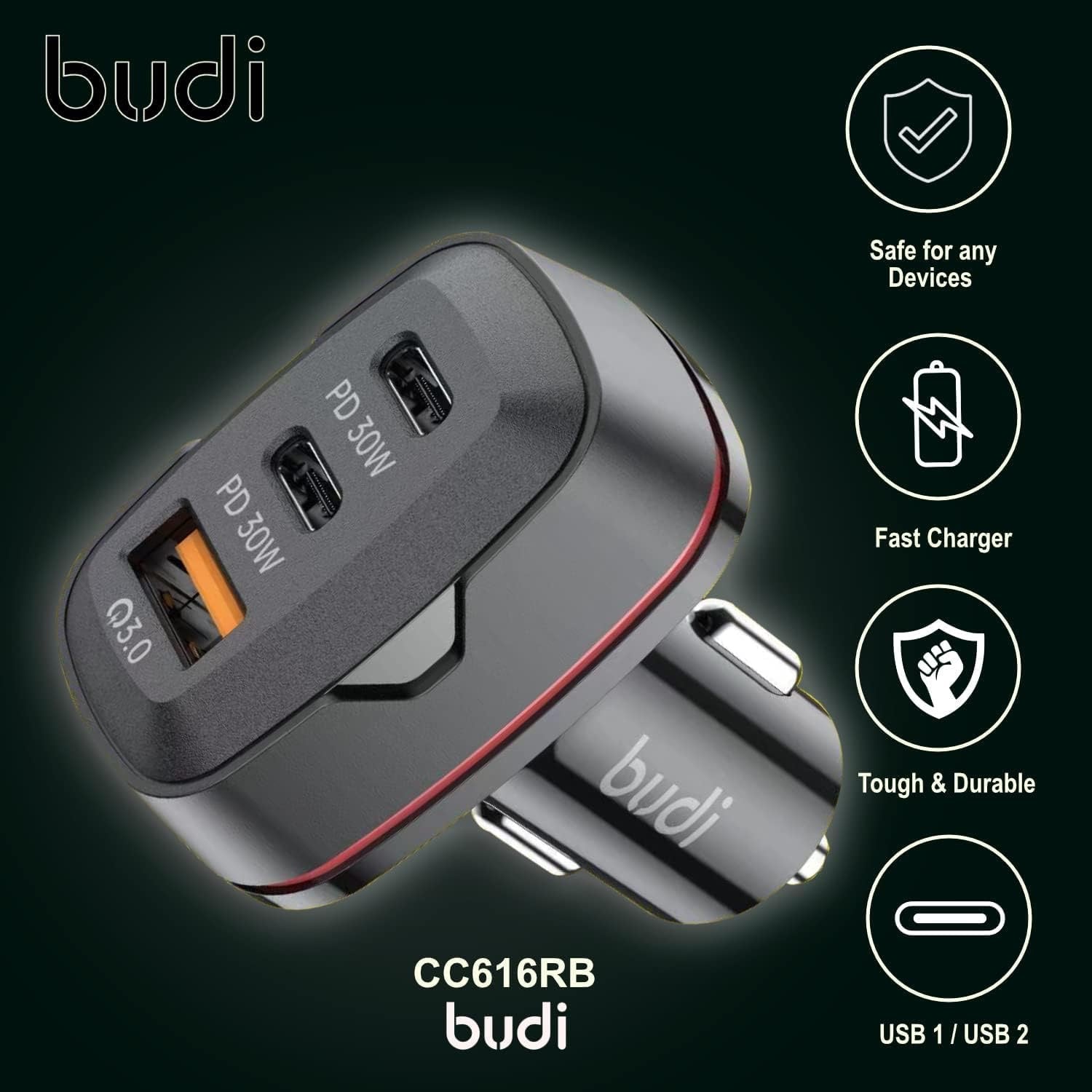 Budi 60W Car Charger | Dual USB-C PD 30W + QC 3.0 Fast Charging Adapter for Phone, Tablet, Laptop & Dash Cam