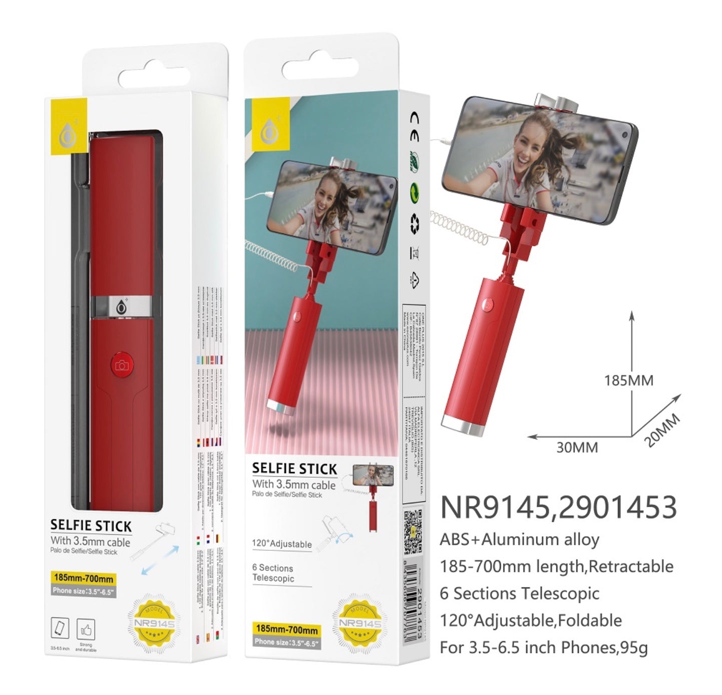 Wired Selfie Stick with 3.5mm Cable – 6-Section Telescopic, 700mm Max, 120° Adjustable