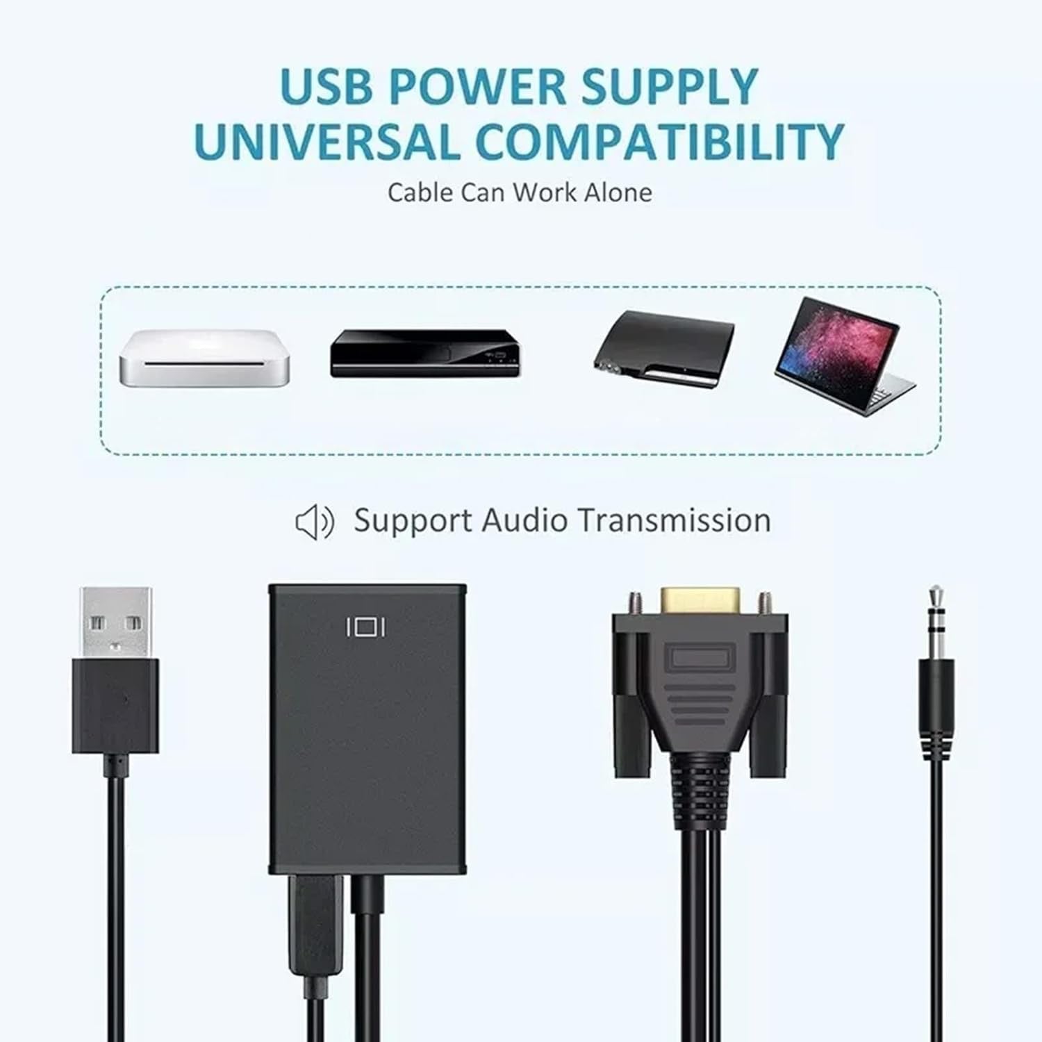 VGA to HDMI Adapter with AUX Cable – Full HD Video + Audio Converter