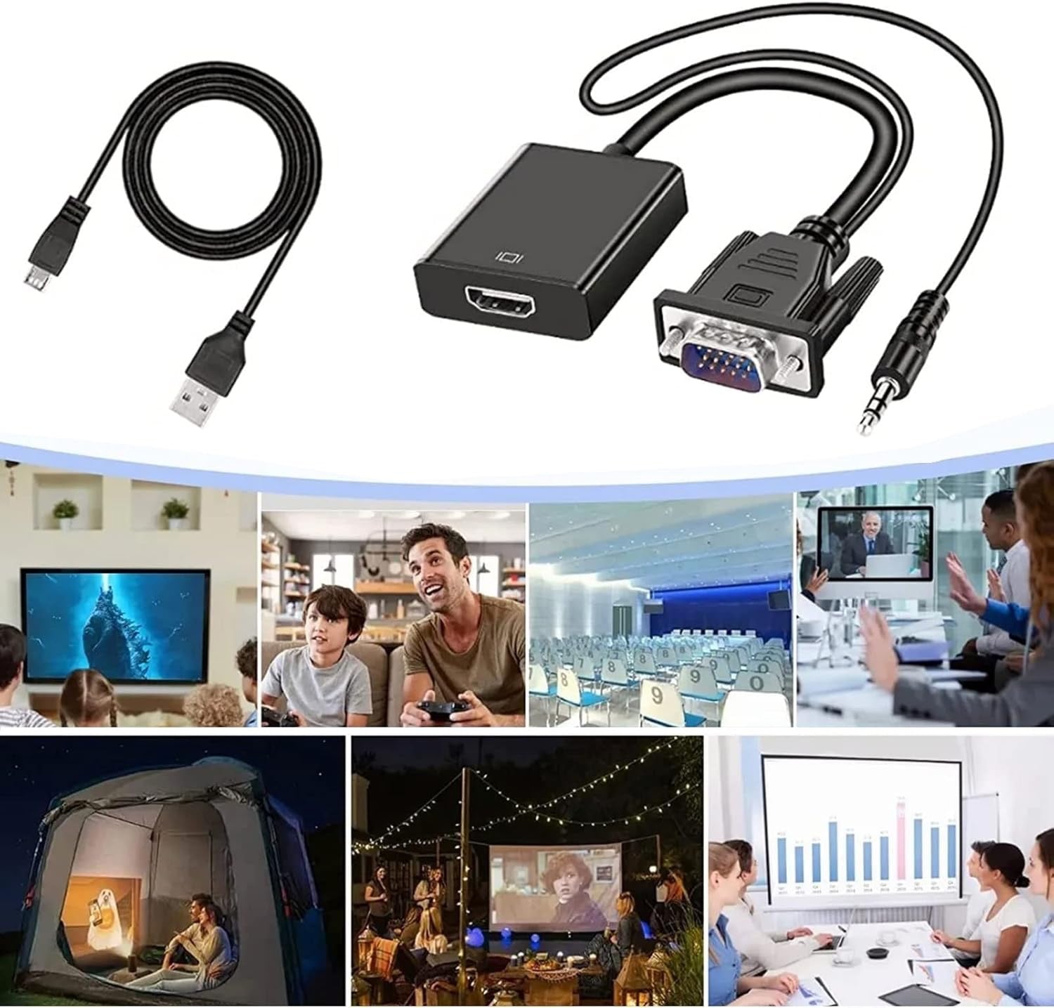 VGA to HDMI Adapter with AUX Cable – Full HD Video + Audio Converter