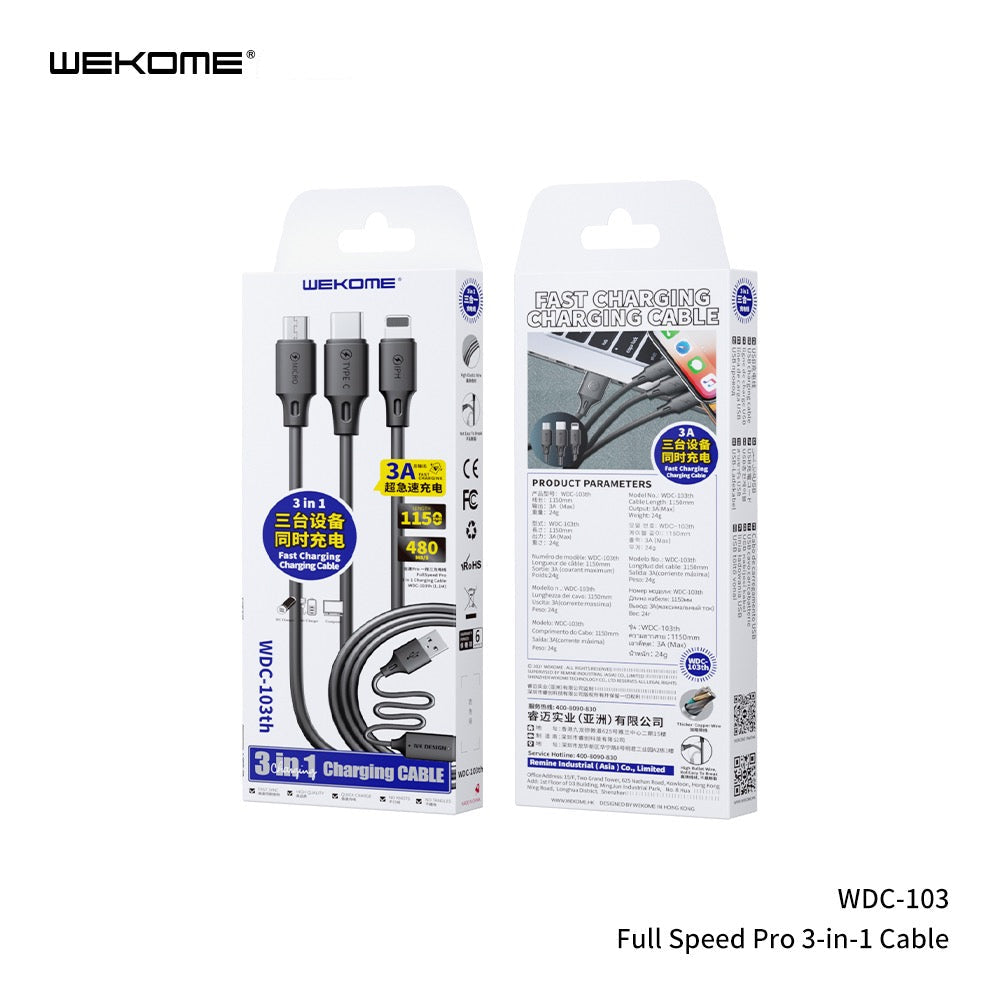 3-in-1 Fast Charging Cable – USB to Micro/USB-C/8-Pin | 3A Max Output | 115cm Length