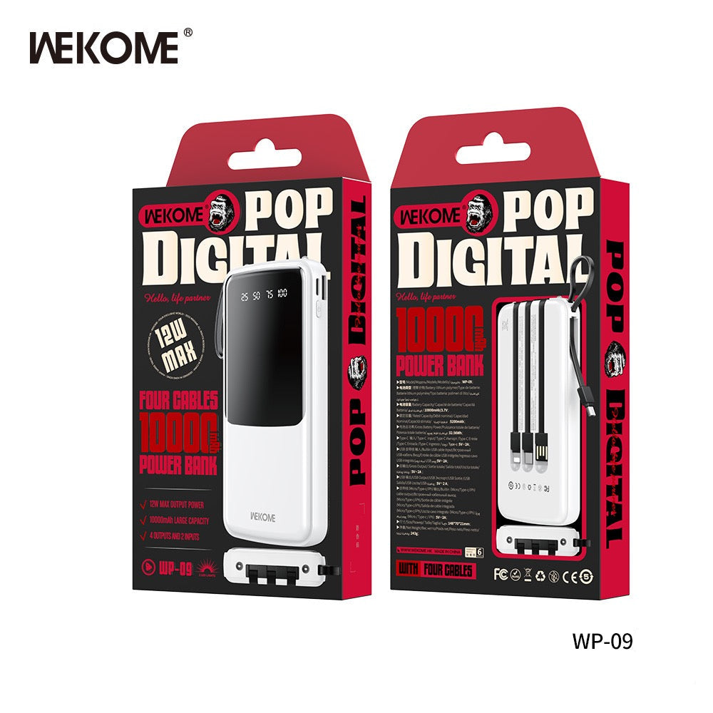 10000mAh Power Bank with 4 Built-In Cables – USB, USB-C, Micro & 8-Pin | 12W Max Output