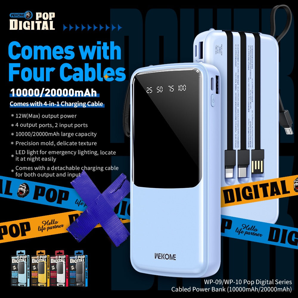 10000mAh Power Bank with 4 Built-In Cables – USB, USB-C, Micro & 8-Pin | 12W Max Output