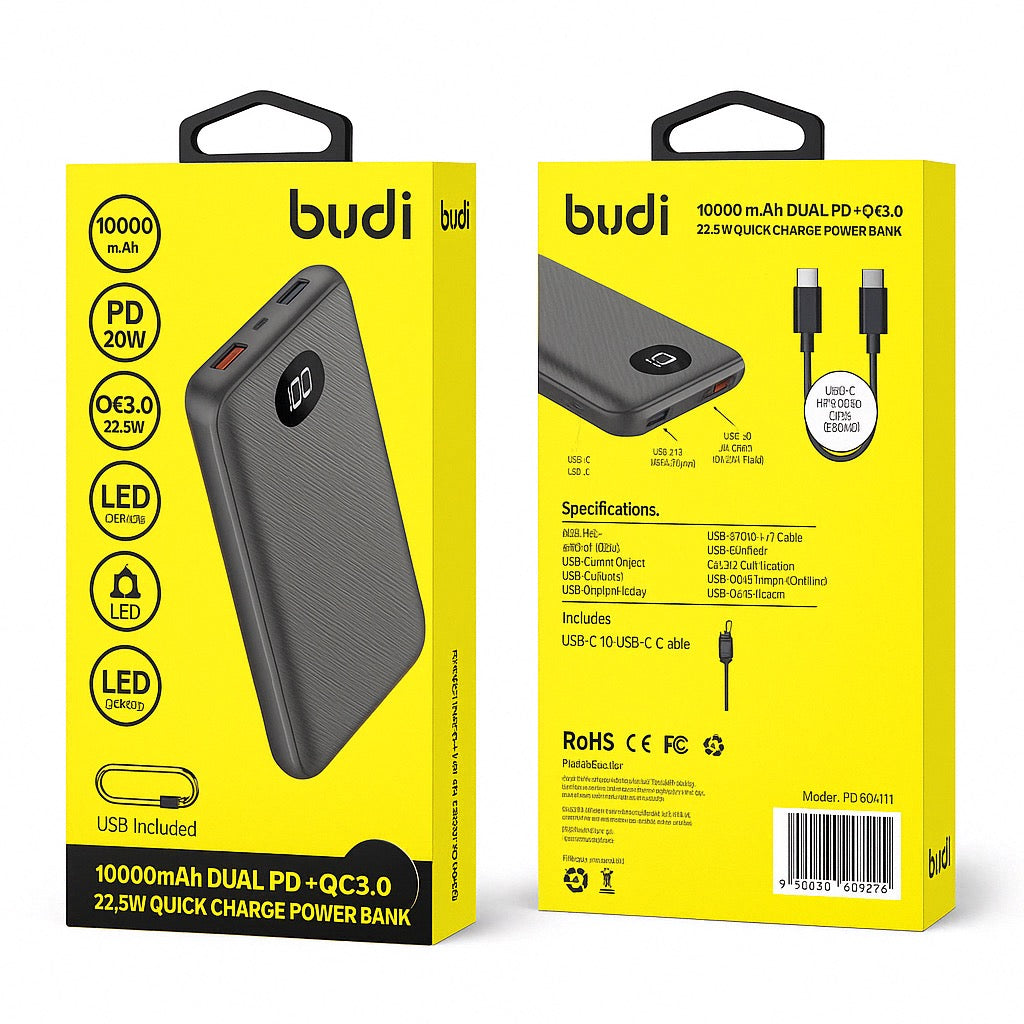10000mAh Power Bank | Dual PD + QC 3.0 | 22.5W Fast Charging with LED Display
