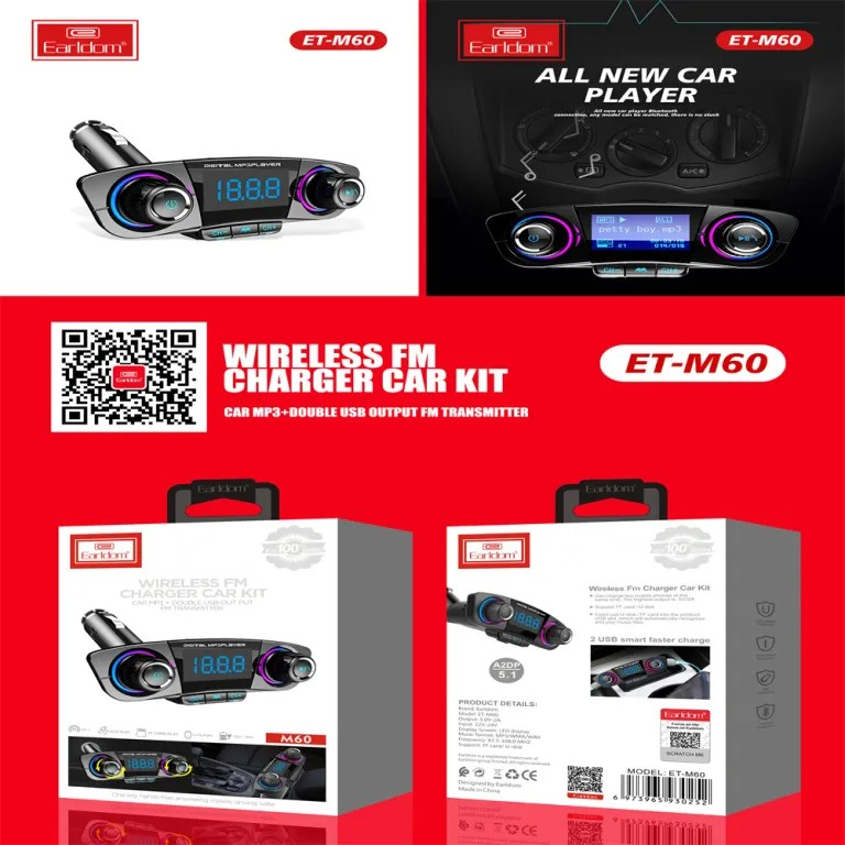 All-in-One Bluetooth FM Transmitter Car Charger – Wireless Audio Adapter with Dual USB Fast Charging